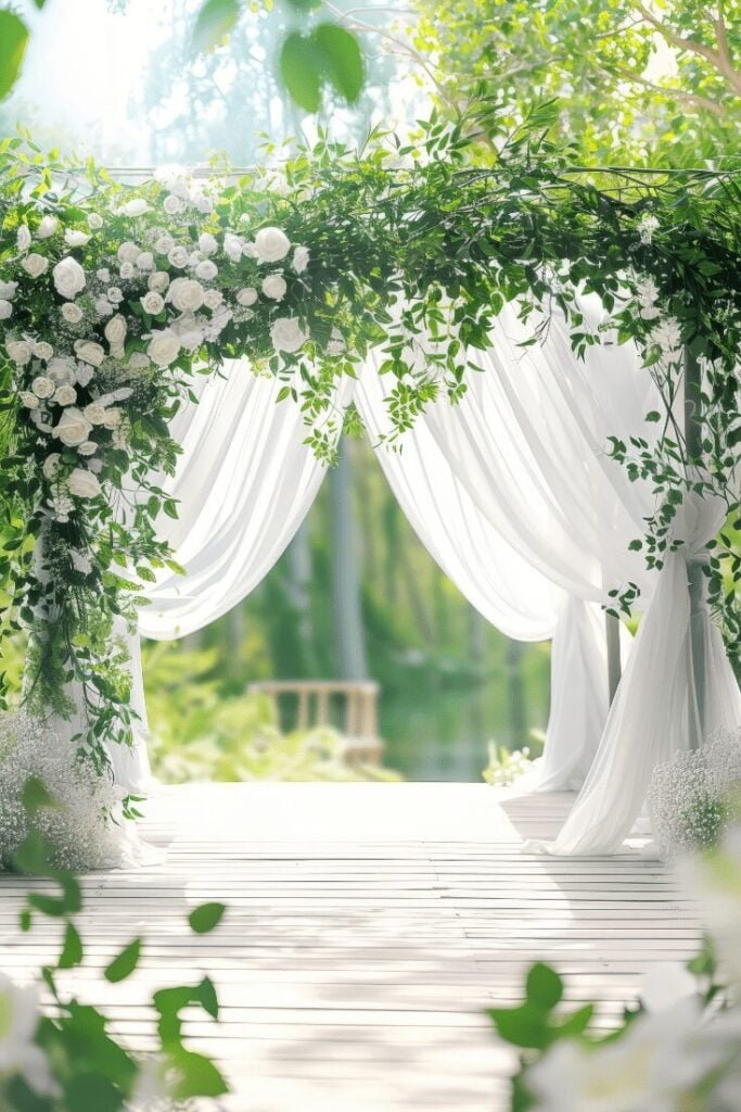 White drapery and flowers framing a romantic garden ceremony