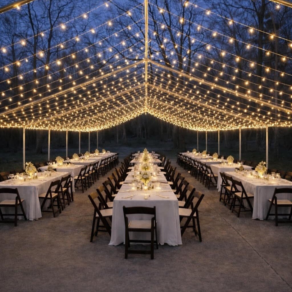 A canopy of warm string lights over outdoor dining tables